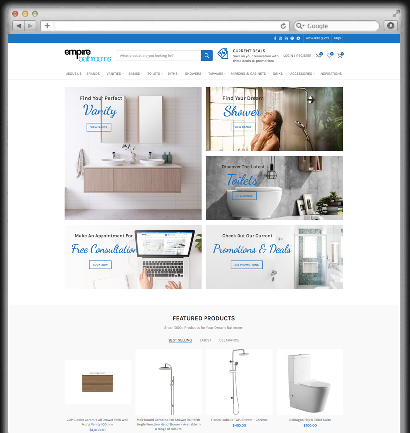 Ecommerce Website Development for bathroom accessories – Empire Bathrooms