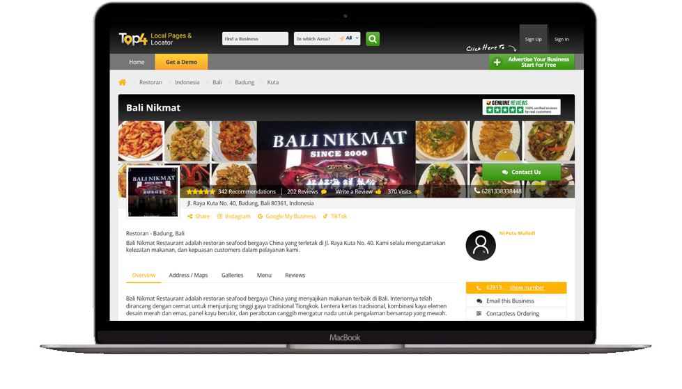 How does Top4 devise a way to help a restaurant in Bali maintain relationships with clientele and broadcast information to the masses about its business?